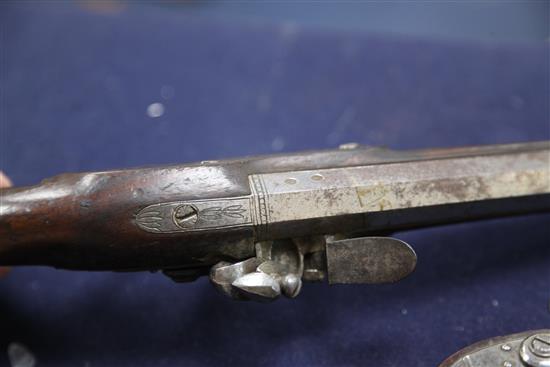 A pair of late 18th century flintlock holster pistols, 15in.